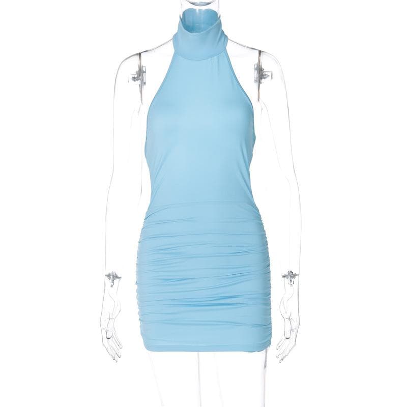 Halter high neck ruched backless mini dress