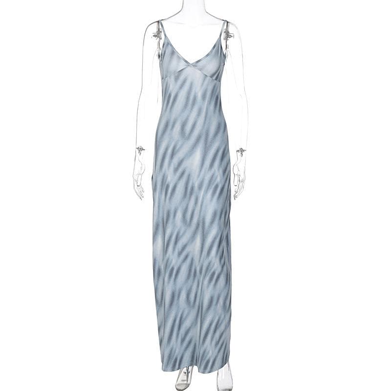 V Neck Spaghetti Strap Abstract Swirl Print Bodycon Maxi Dress