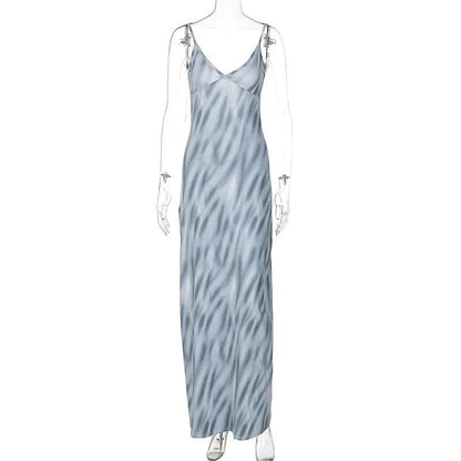 V Neck Spaghetti Strap Abstract Swirl Print Bodycon Maxi Dress