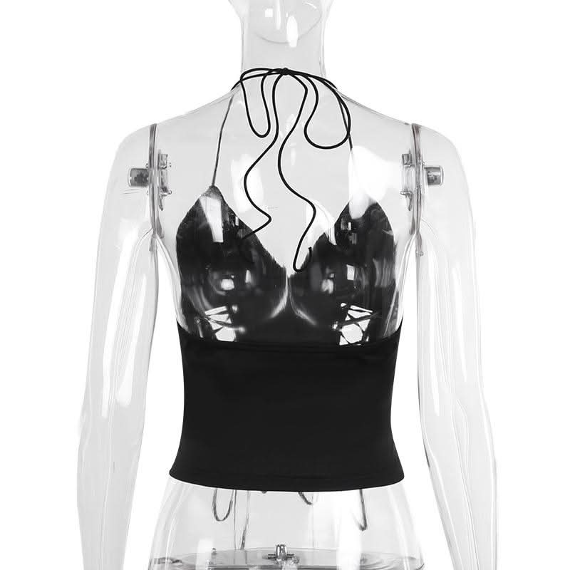Halter self tie v neck lace up backless solid top