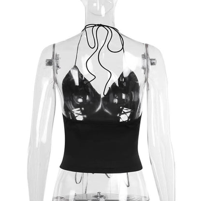 Halter self tie v neck lace up backless solid top