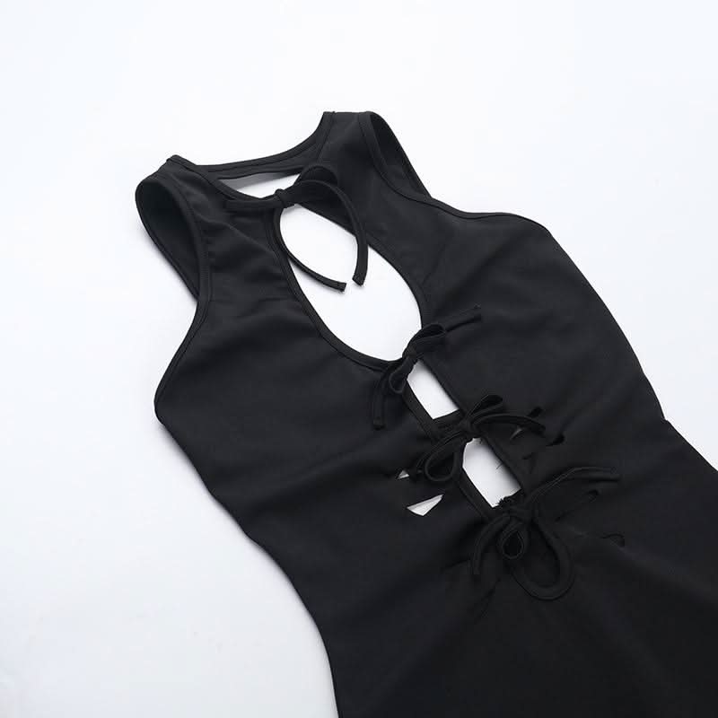 Self tie hollow out crewneck slit solid cut out midi dress