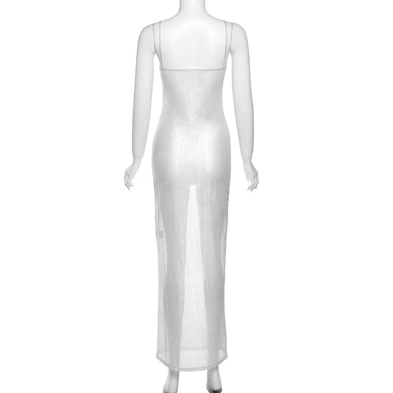 Sheer mesh see through backless solid cami maxi dress