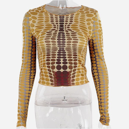 Contrast polka dot round neck long sleeve top