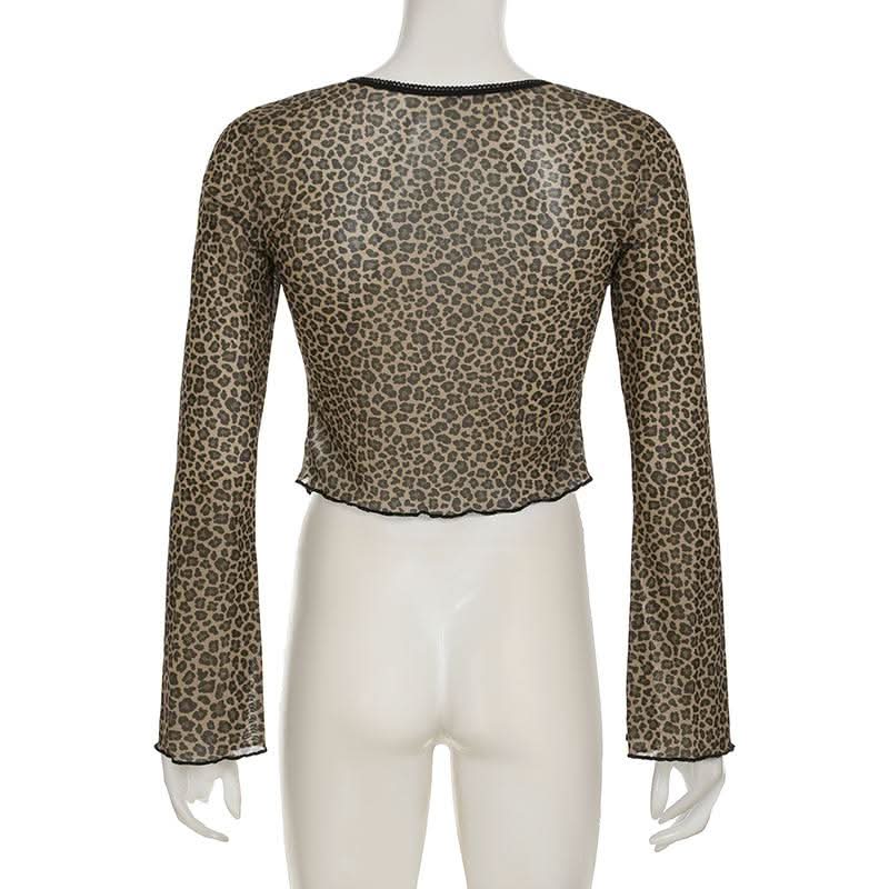 Leopard print long sleeve mesh crop top