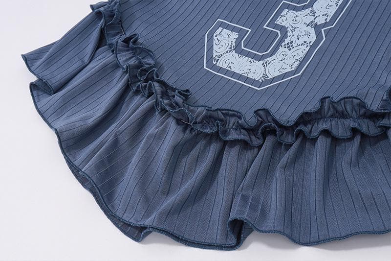 Halter “3” print ribbed ruffle lace hem pant set