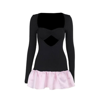 Long sleeve hollow out ribbed ruffle v neck cut out mini dress
