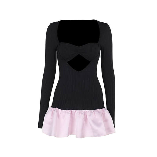 Long sleeve hollow out ribbed ruffle v neck cut out mini dress