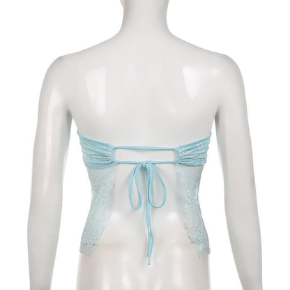 Lace solid ruched sweetheart neck backless self tie tube top