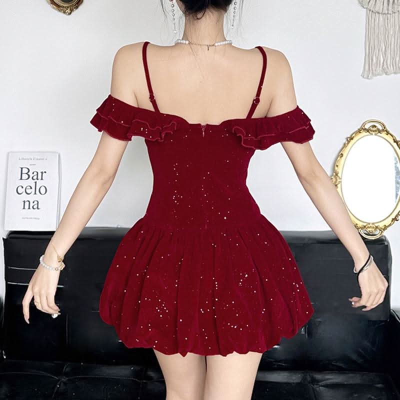 Glitter velvet ruffle flower applique 2-way cami mini dress