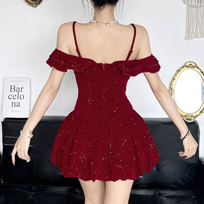 Glitter velvet ruffle flower applique 2-way cami mini dress
