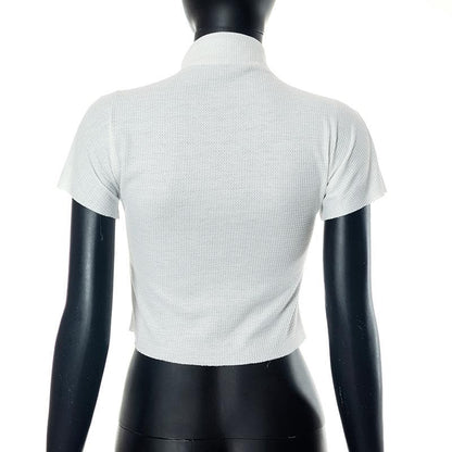 High neck short sleeve abstract contrast textured crop top