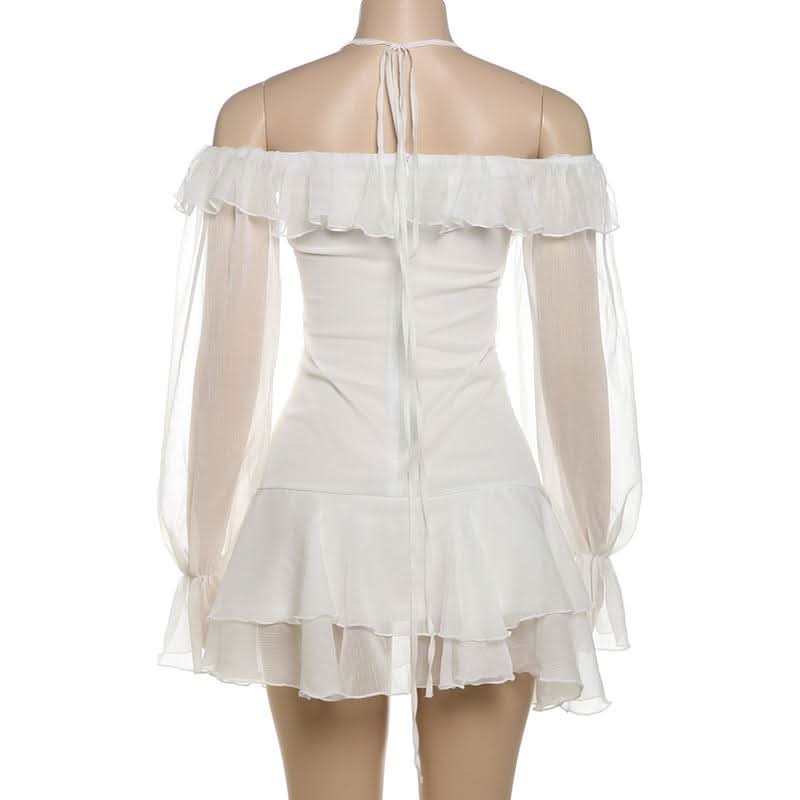 Halter off shoulder chiffon bowknot ruffle mini dress
