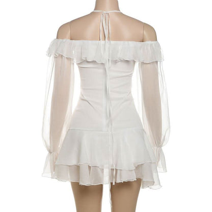 Halter off shoulder chiffon bowknot ruffle mini dress