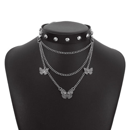 PU leather layered pendant chain choker necklace