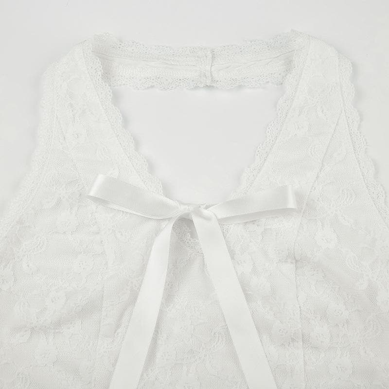 Halter bowknot ribbon lace backless top