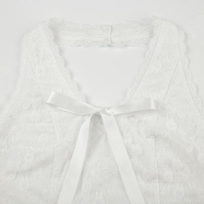 Halter bowknot ribbon lace backless top
