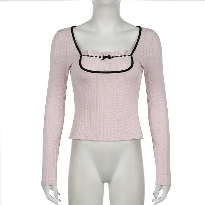 Long sleeve ruffle bowknot ribbed top