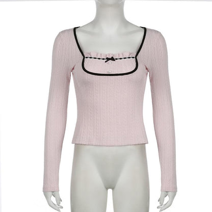 Long sleeve ruffle bowknot ribbed top