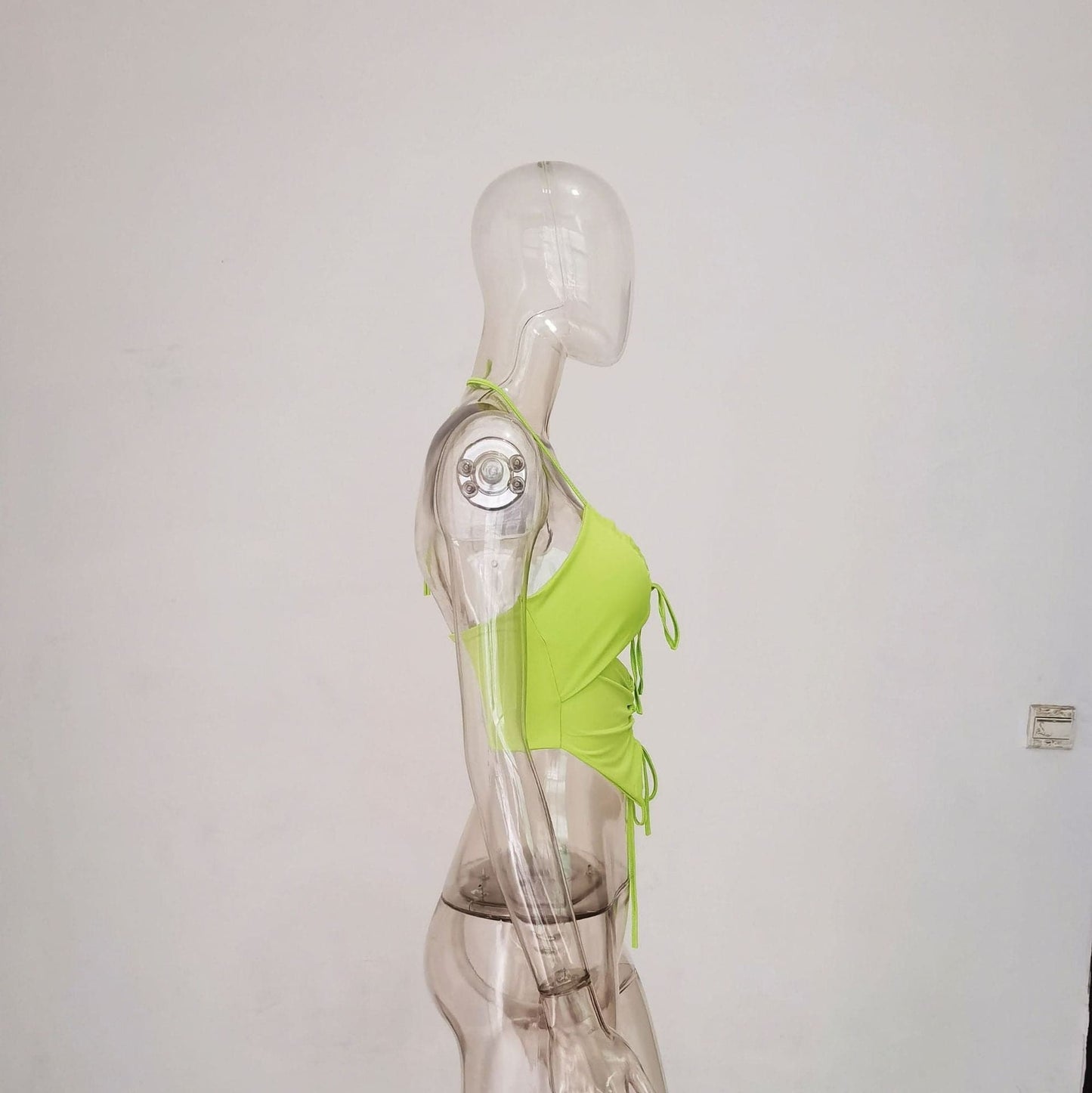 Double layered halter drawstring hollow out ruched solid crop cut out top