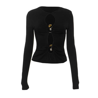 Long sleeve hollow out ribbed crewneck ruched cut out top