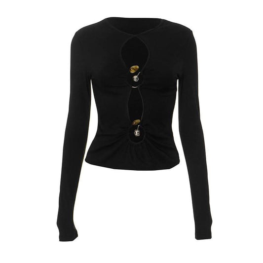 Long sleeve hollow out ribbed crewneck ruched cut out top