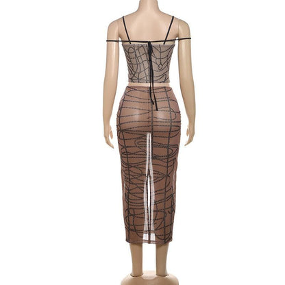 Sheer mesh striped print self tie cami midi skirt set