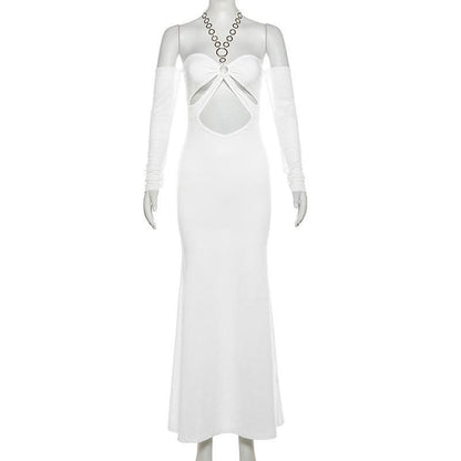 Halter o ring hollow out gloves metal chain mesh cut out maxi dress