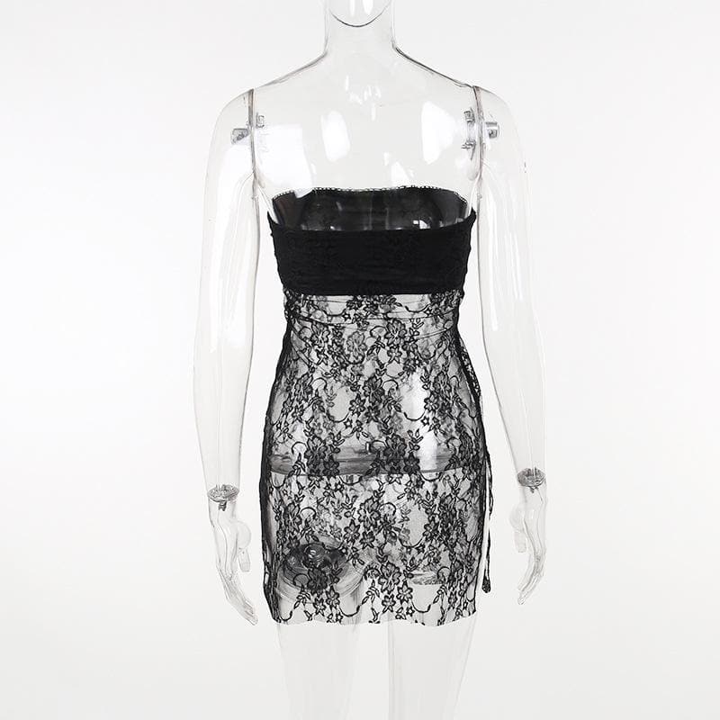 Floral Lace Strapless Tube Side Slit Backless Mini Dress