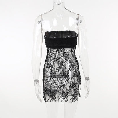 Floral Lace Strapless Tube Side Slit Backless Mini Dress