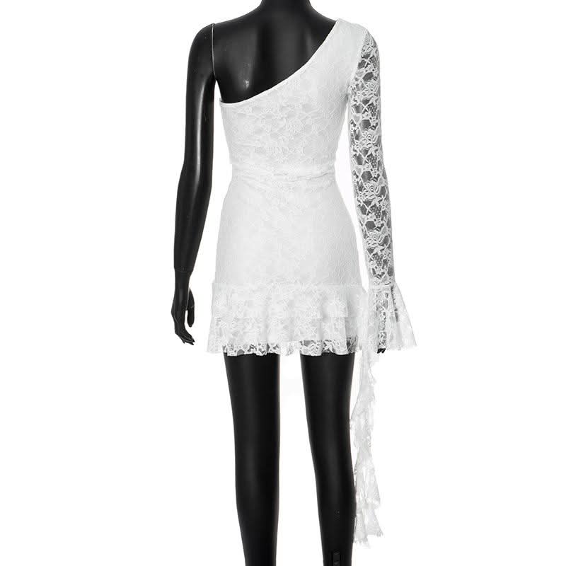One shoulder long sleeve lace ruffle mini dress