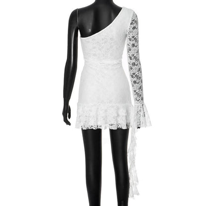 One shoulder long sleeve lace ruffle mini dress