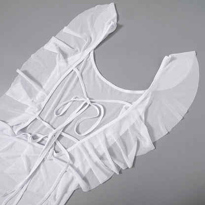 Sheer mesh see through backless ruffle slit cap sleeve maxi dress