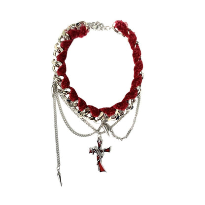 Layered cross pendant choker necklace