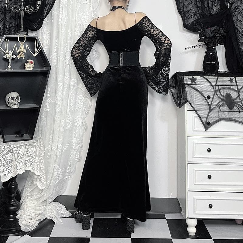 Long sleeve off shoulder velvet slit maxi dress