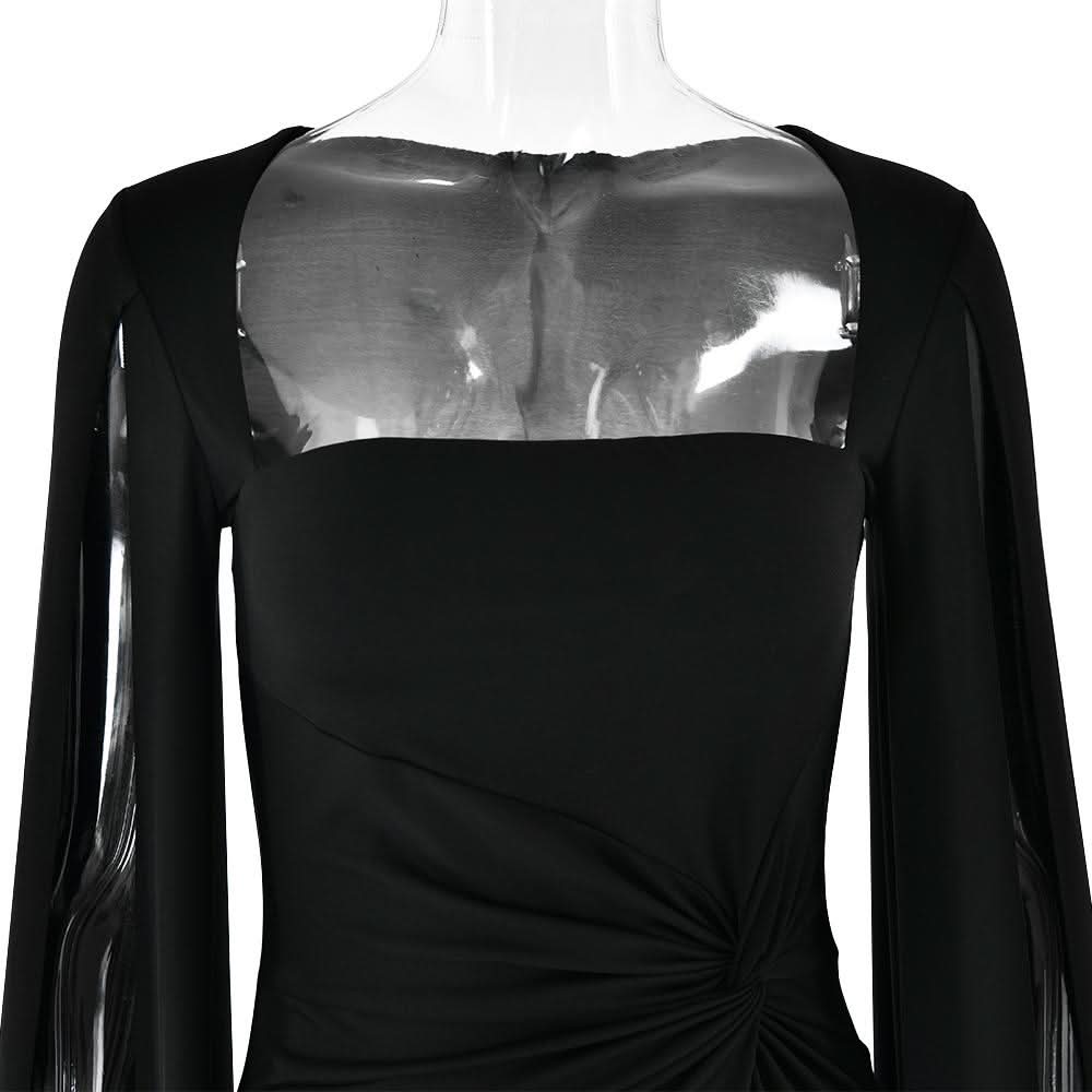 Long sleeve high slit square neck ruched maxi dress