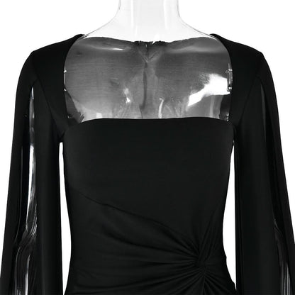 Long sleeve high slit square neck ruched maxi dress