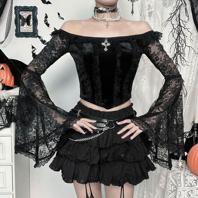 Long flared off shoulder lace cross applique top