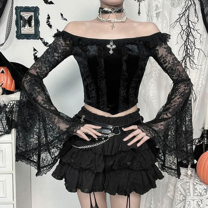 Long flared off shoulder lace cross applique top