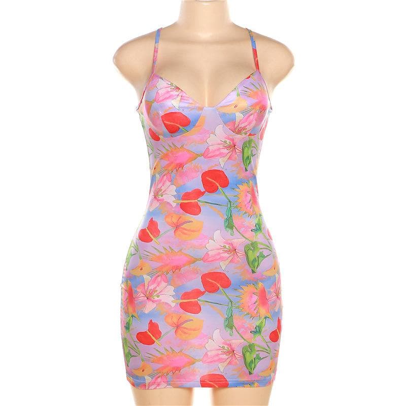 Sweetheart Neck Spaghetti Strap Floral Print Bodycon Mini Dress