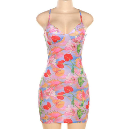 Sweetheart Neck Spaghetti Strap Floral Print Bodycon Mini Dress