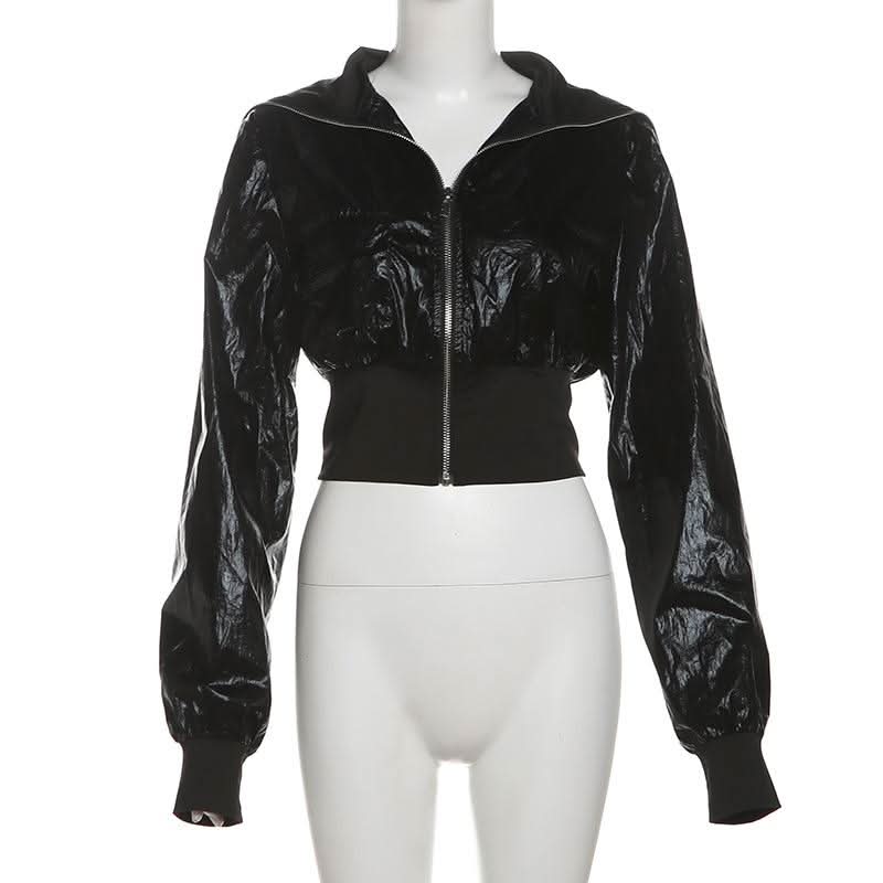 Turnover collar long sleeve PU leather zip-up coat top