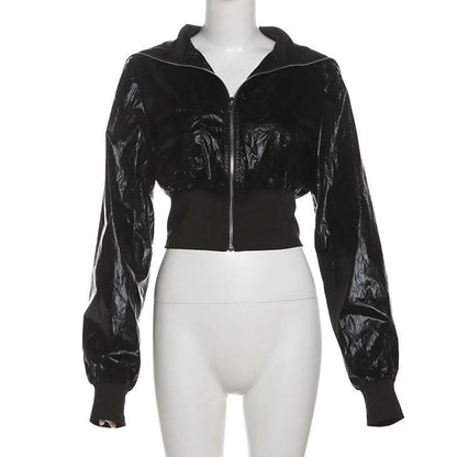 Turnover collar long sleeve PU leather zip-up coat top