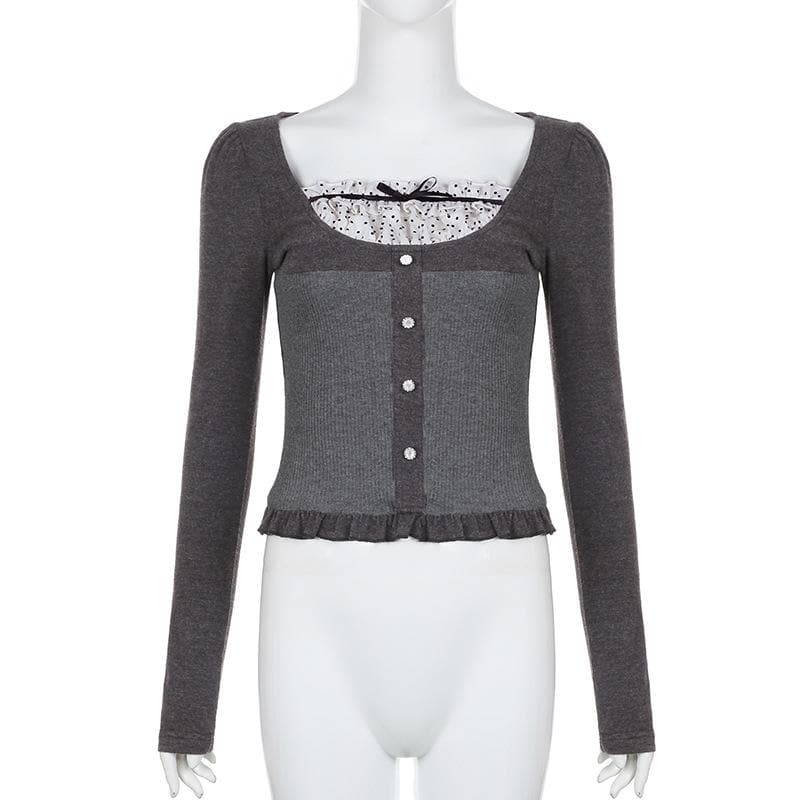 Ruffle polka dot patchwork button long sleeve contrast top