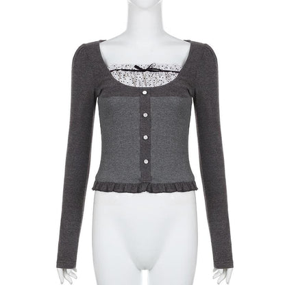 Ruffle polka dot patchwork button long sleeve contrast top