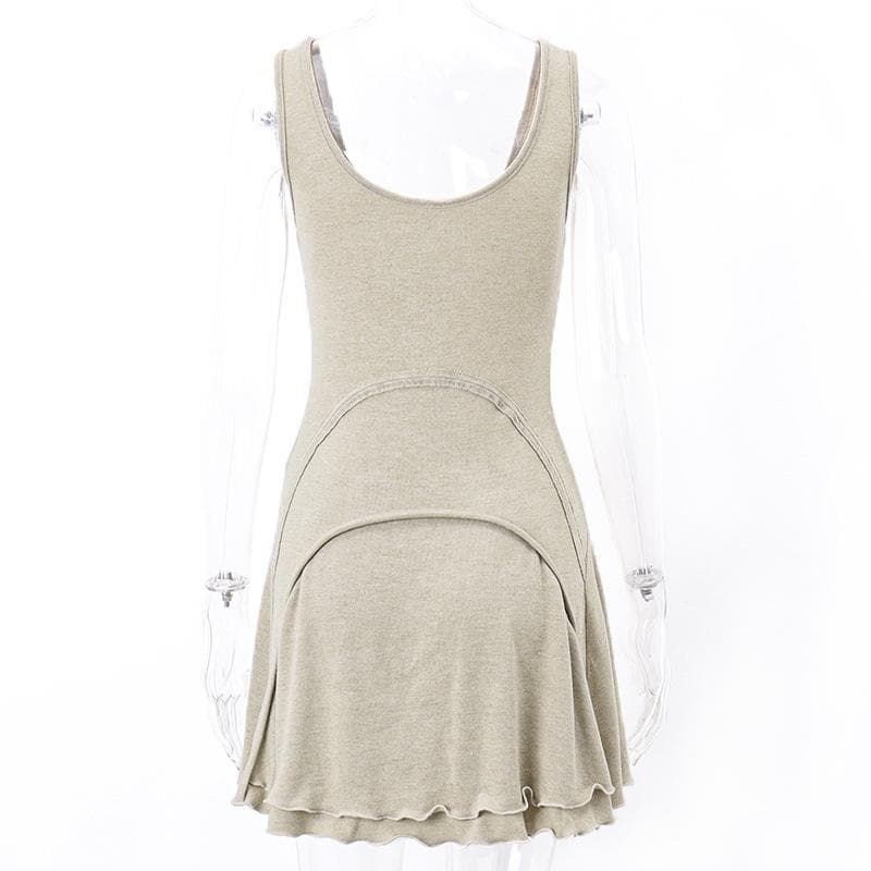Exposed Seam Arch Panel Scoop Neck Tiered Raw Hem Mini Dress