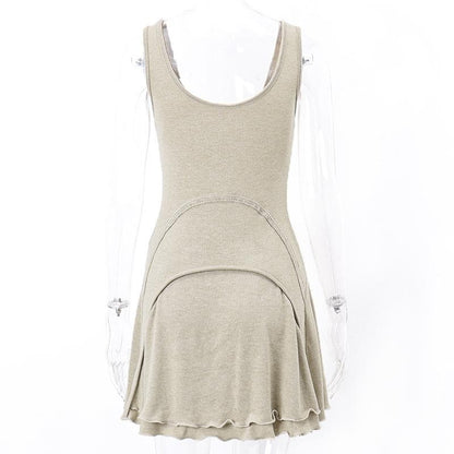 Exposed Seam Arch Panel Scoop Neck Tiered Raw Hem Mini Dress