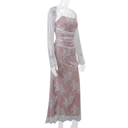 Long sleeve lace ruched shrug lace up 2 piece midi dress