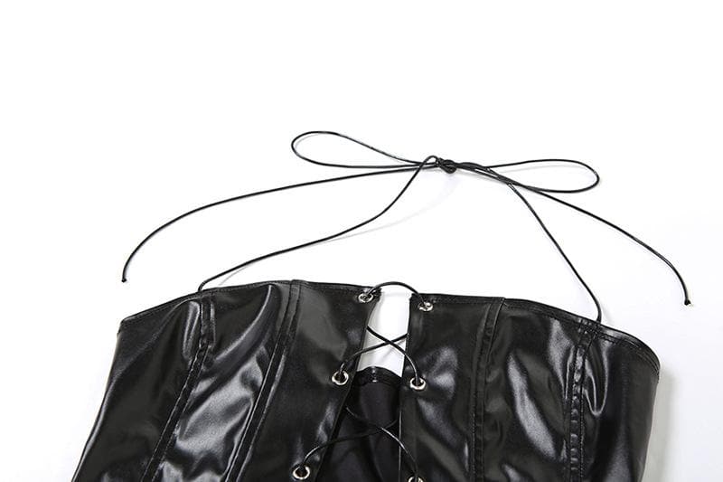 Lace up PU leather halter self tie metallic pant set