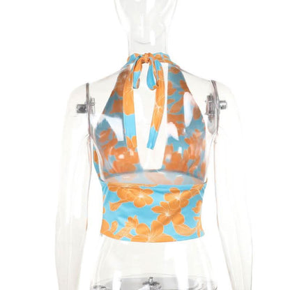 Self tie halter flower print backless contrast top